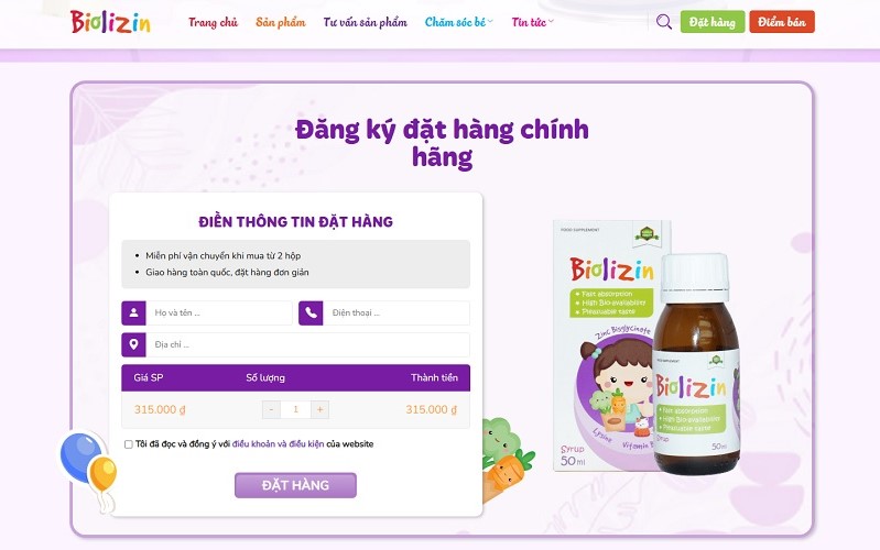 Trang đặt hàng Biolizin trên website