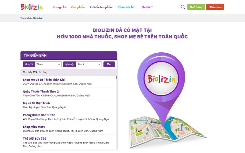Ba mẹ có thê dễ dàng tra cứu điểm bán kẽm Biolizin chính hãng trên website