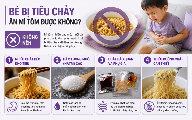 trẻ bị tiêu chảy không nên ăn mì tôm