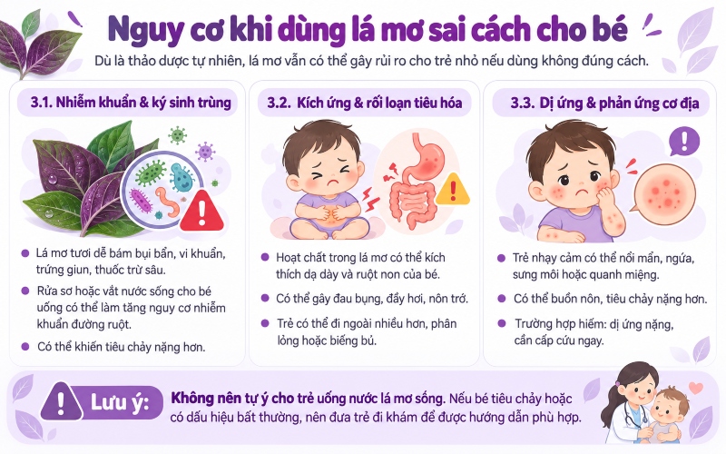 Nguy cơ thường gặp khi sử dụng nước lá mơ cho bé sai cách