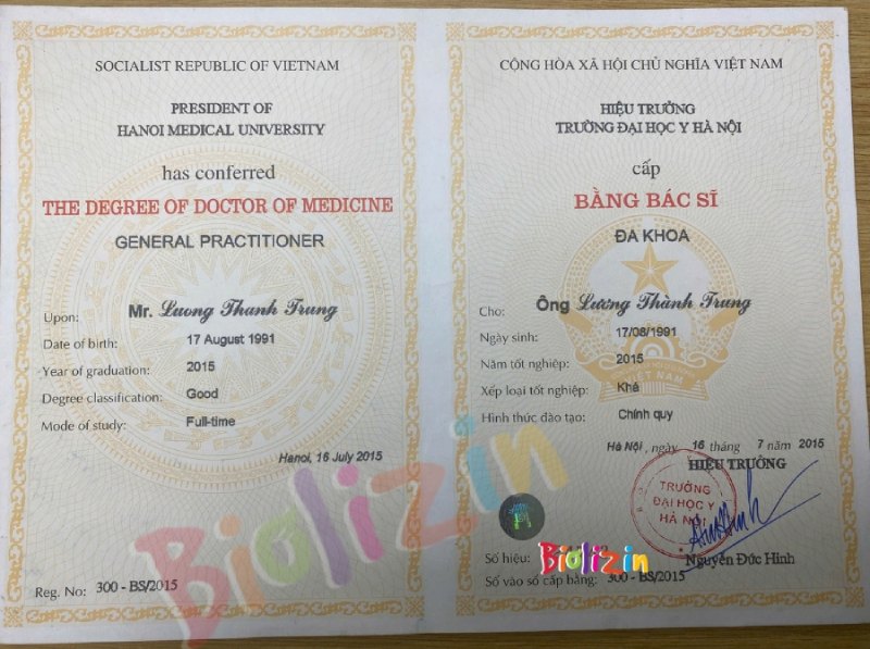 Bằng tốt nghiệp của bác sĩ Lương Thành Trung