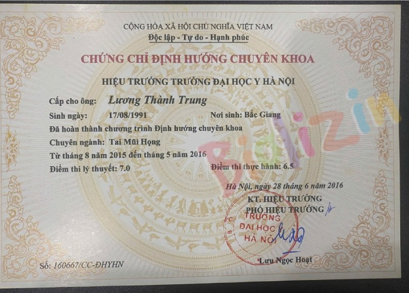 Chứng chỉ chuyên khoa tai mũi họng của bác sĩ Lương Thành Trung