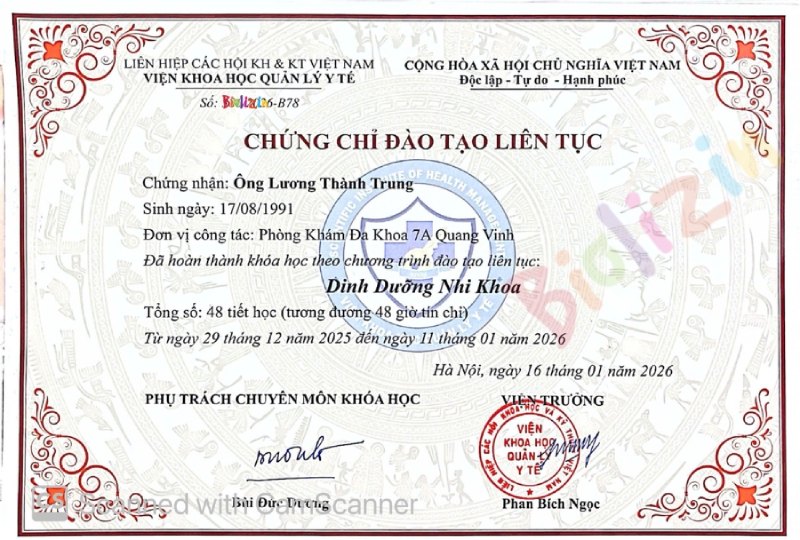 Chứng chỉ Dinh Dưỡng của bác sĩ Lương Thành Trung tại Đại học Y Hà Nội